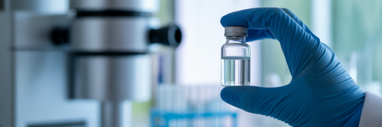 Gloved hand holding vial in laboratory.