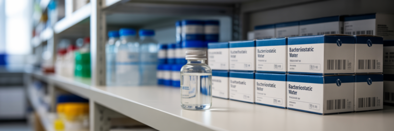 Organized laboratory storage of bacteriostatic water.