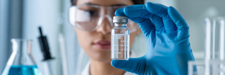 Inspecting reconstituted peptide vial for clarity.