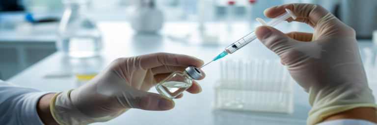 Researcher using syringe with bacteriostatic water vial.