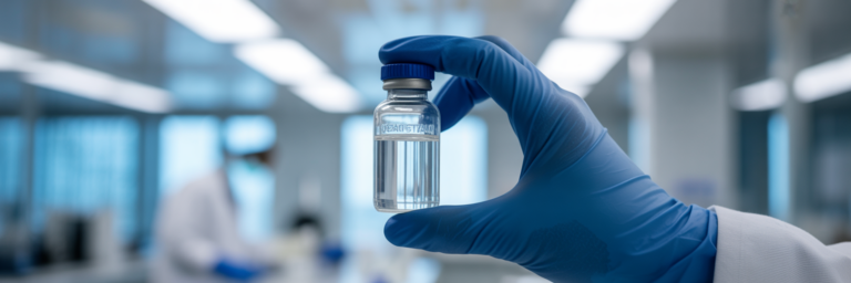 Researcher holding bacteriostatic water vial.