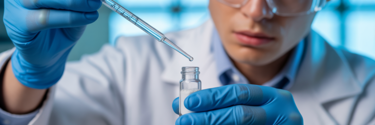 Scientist reconstituting compound in laboratory.