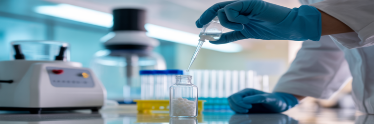 Researcher carefully reconstituting a lyophilized reagent.