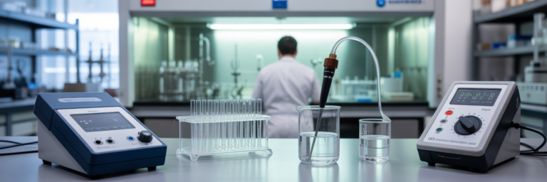 Laboratory instruments for water purity testing.