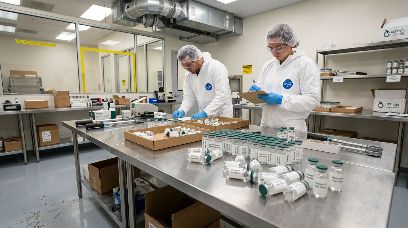 Two HerbiLabs technicians in PPE inspecting and documenting research use only vials on stainless steel workbench in cleanroom