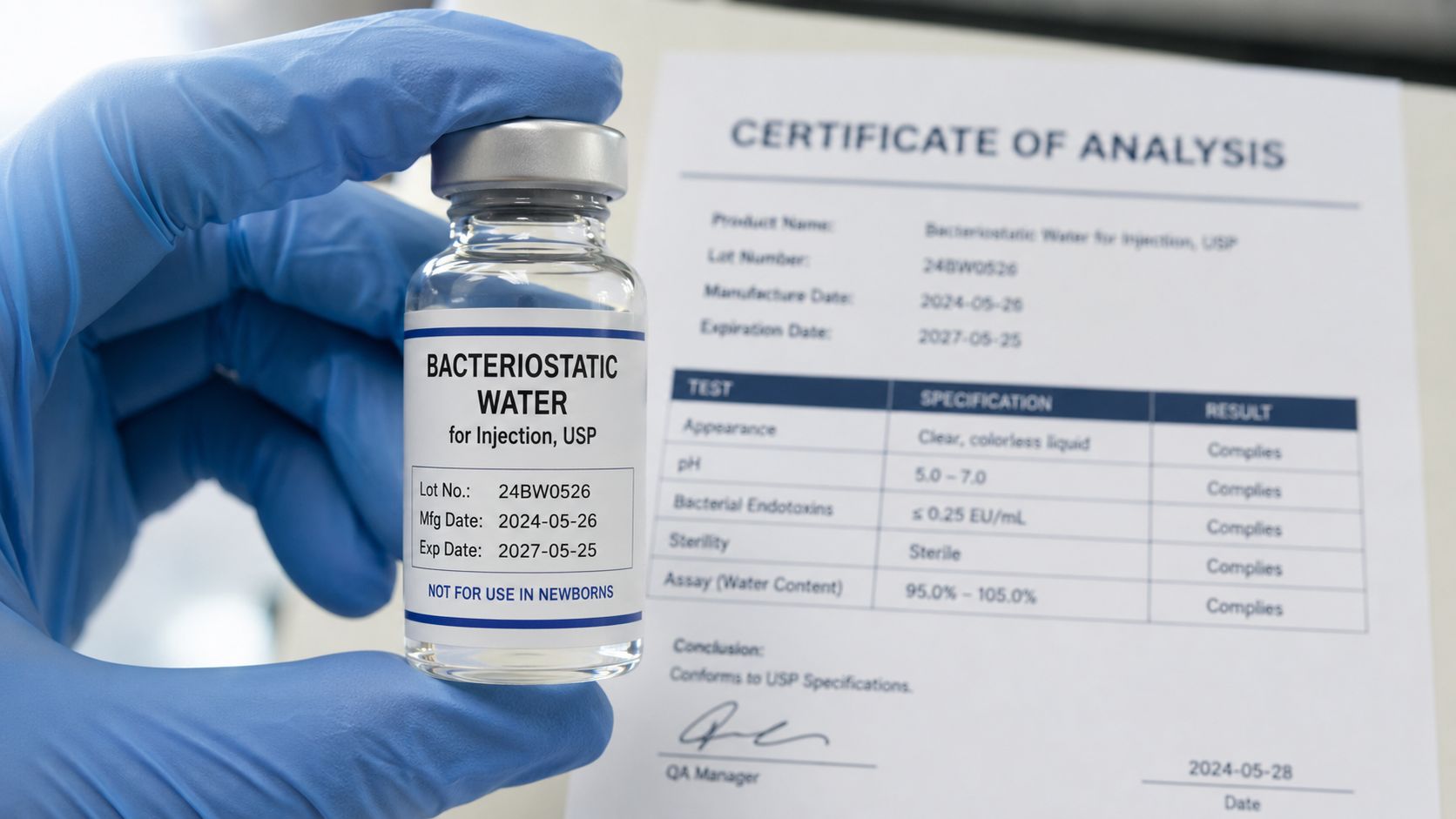 A hand in a blue medical glove holds a bottle of bacteriostatic water with a certificate of analysis.