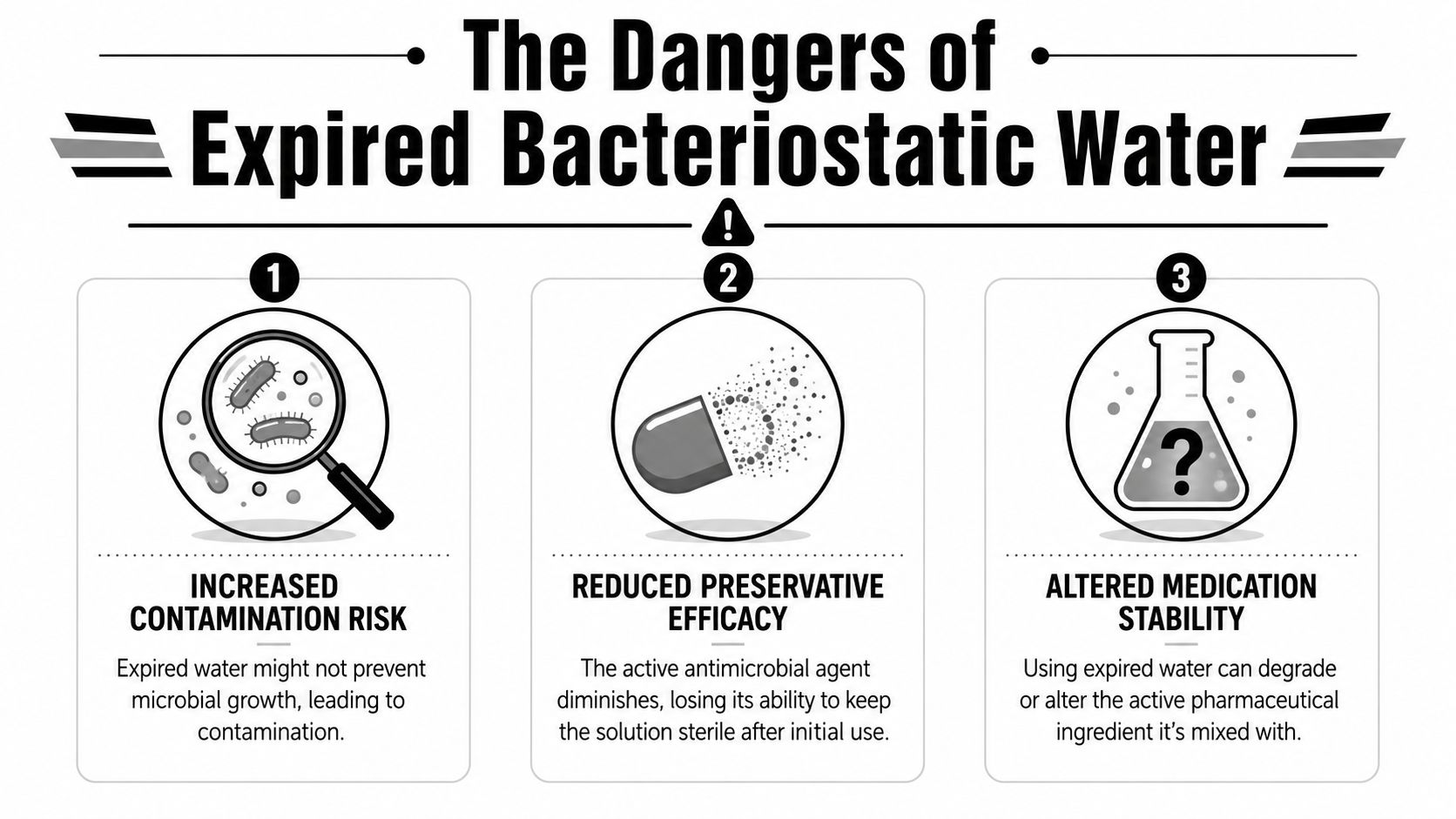 An infographic showing three main risks of using expired bacteriostatic water: contamination, reduced preservative efficacy, and altered stability.