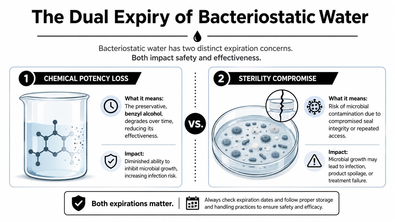 An infographic explaining that bacteriostatic water has two expiration risks: chemical potency loss and sterility compromise.