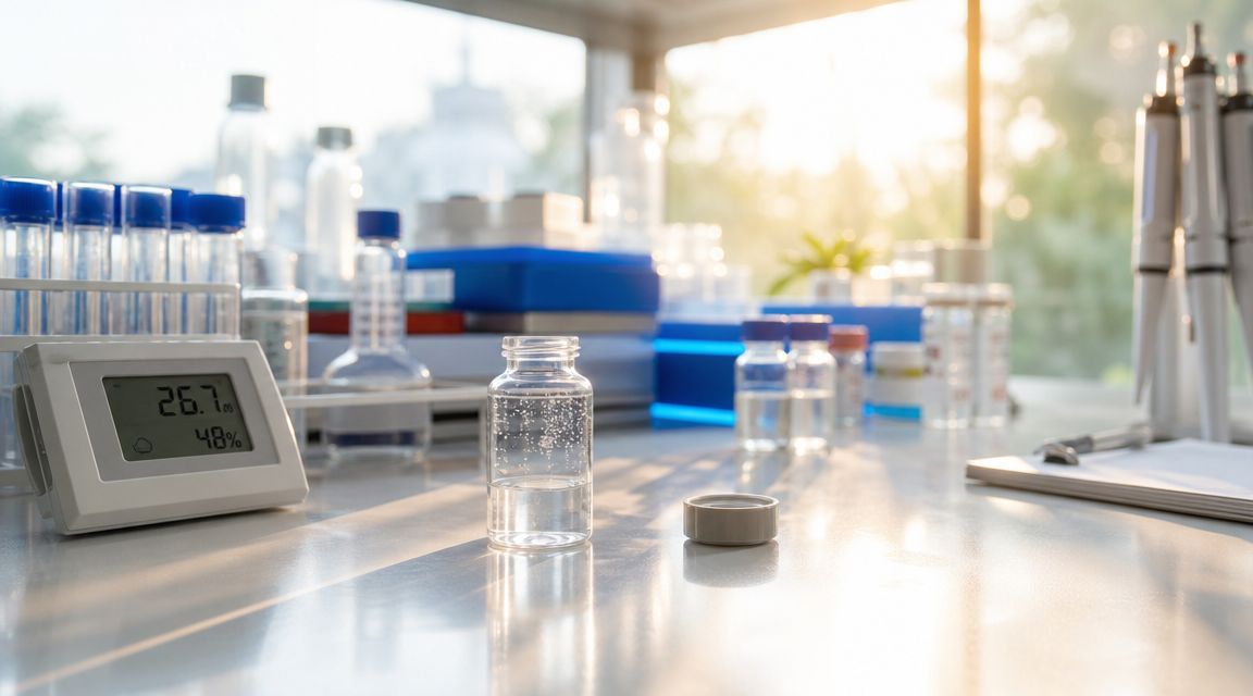 A glass vial of clear bacteriostatic water with a cap on a laboratory workbench near a hygrometer.