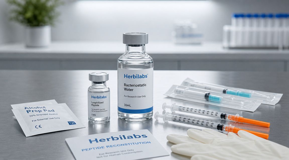 A professional peptide reconstitution kit featuring Herbilabs bacteriostatic water, lyophilized peptide, syringes, alcohol pads, and sterile gloves.