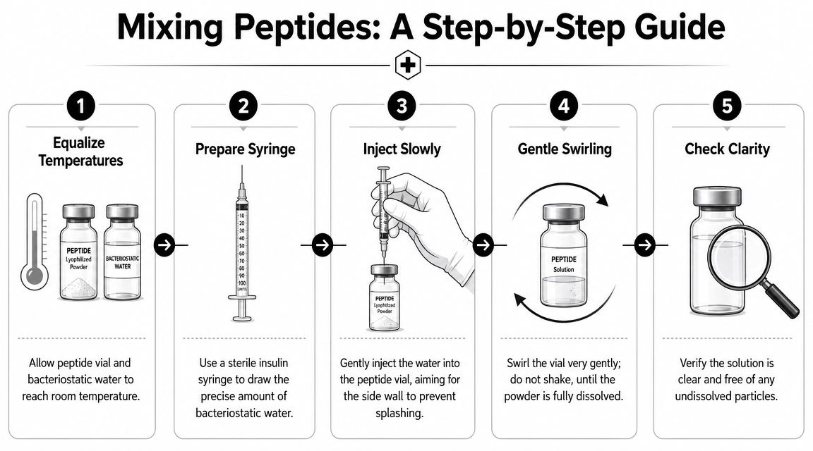 A five-step infographic showing how to safely mix lyophilized peptide powder with bacteriostatic water using a syringe.