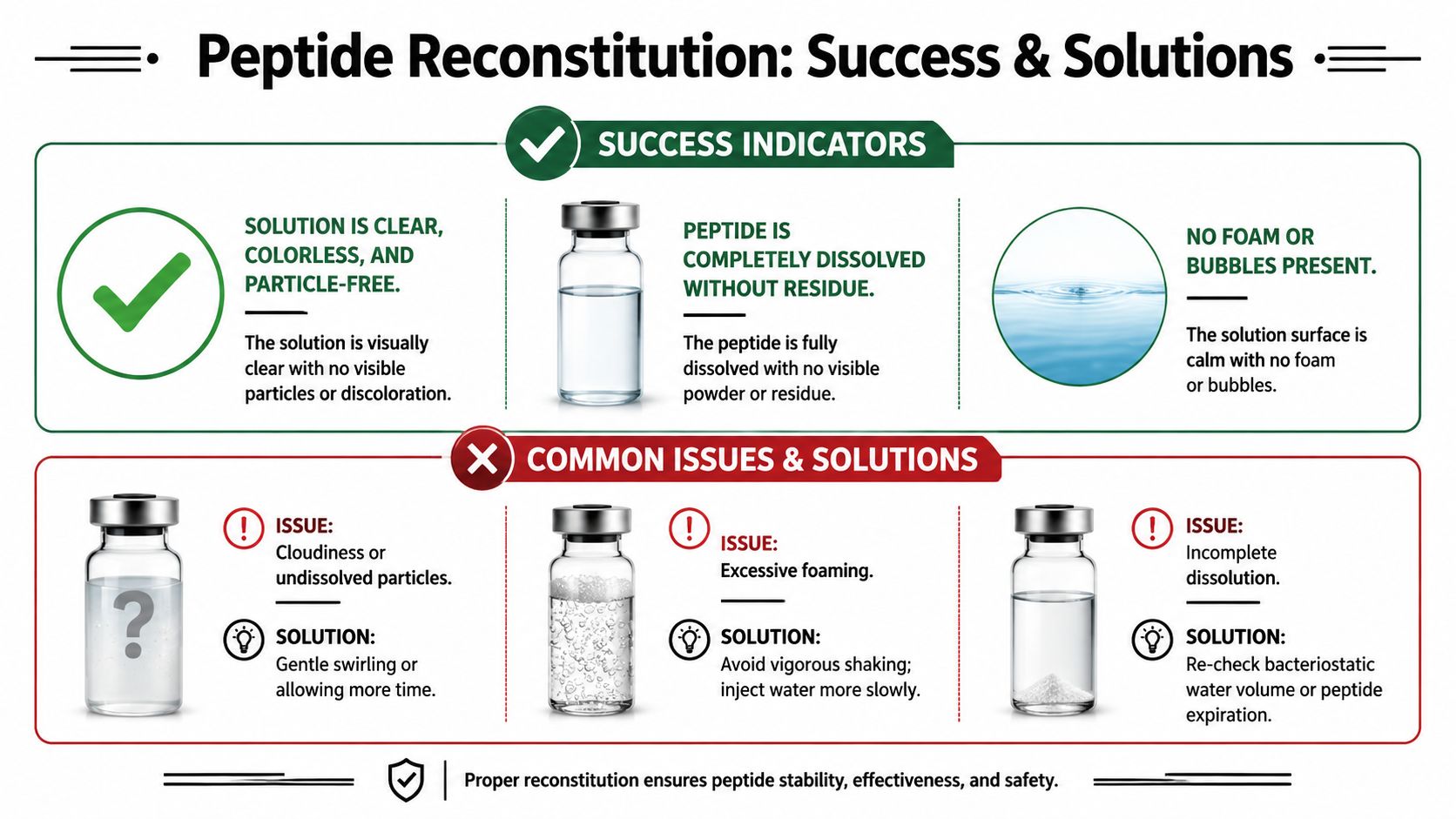 An infographic illustrating success indicators and troubleshooting for peptide reconstitution using bacteriostatic water in medical vials.