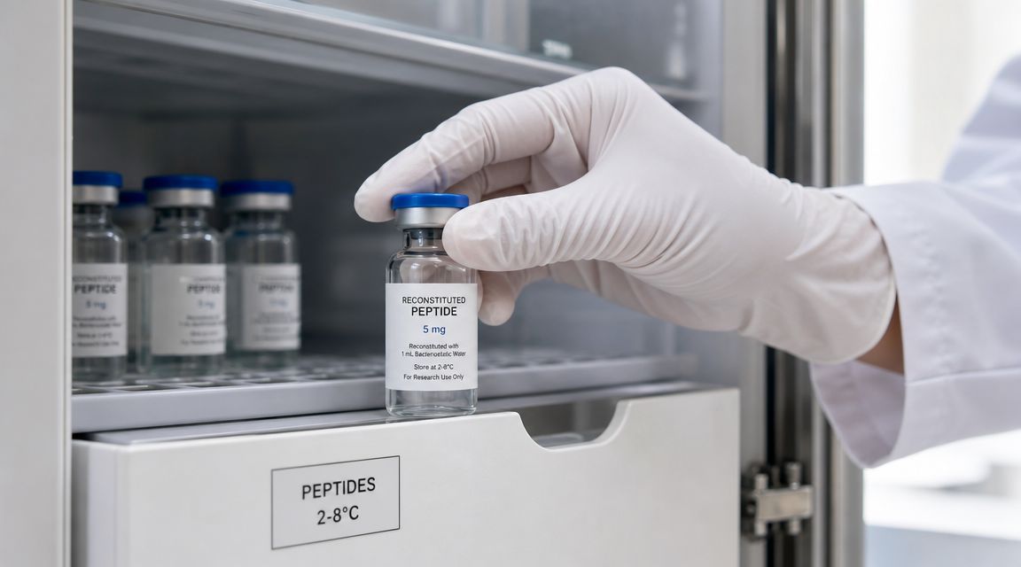 A gloved hand places a vial labeled Reconstituted Peptide 5mg into a laboratory refrigerator drawer.