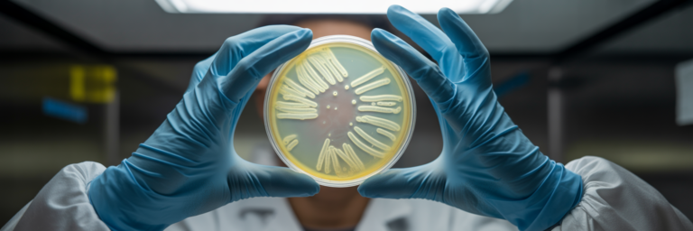 Researcher's gloved hands holding petri dish.