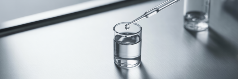 Pipette adding liquid to pharmaceutical vial.