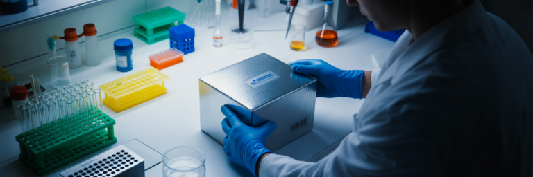 Scientist opening a same day supply delivery.