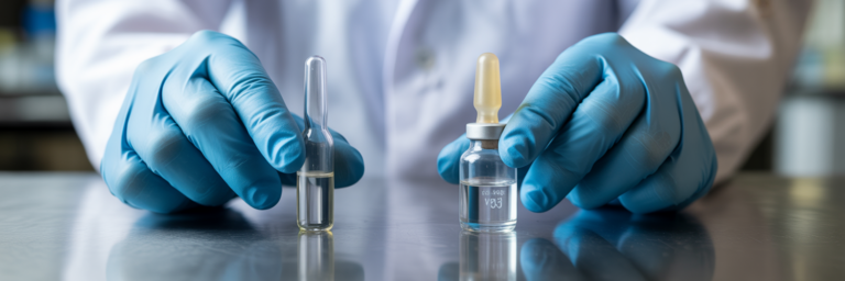 Researcher choosing between sterile and bacteriostatic water.