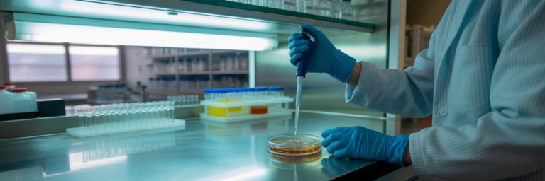 Scientist working in sterile laboratory environment.