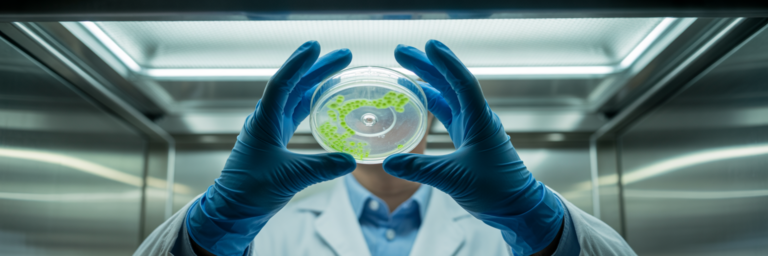 Gloved hands holding petri dish in lab.