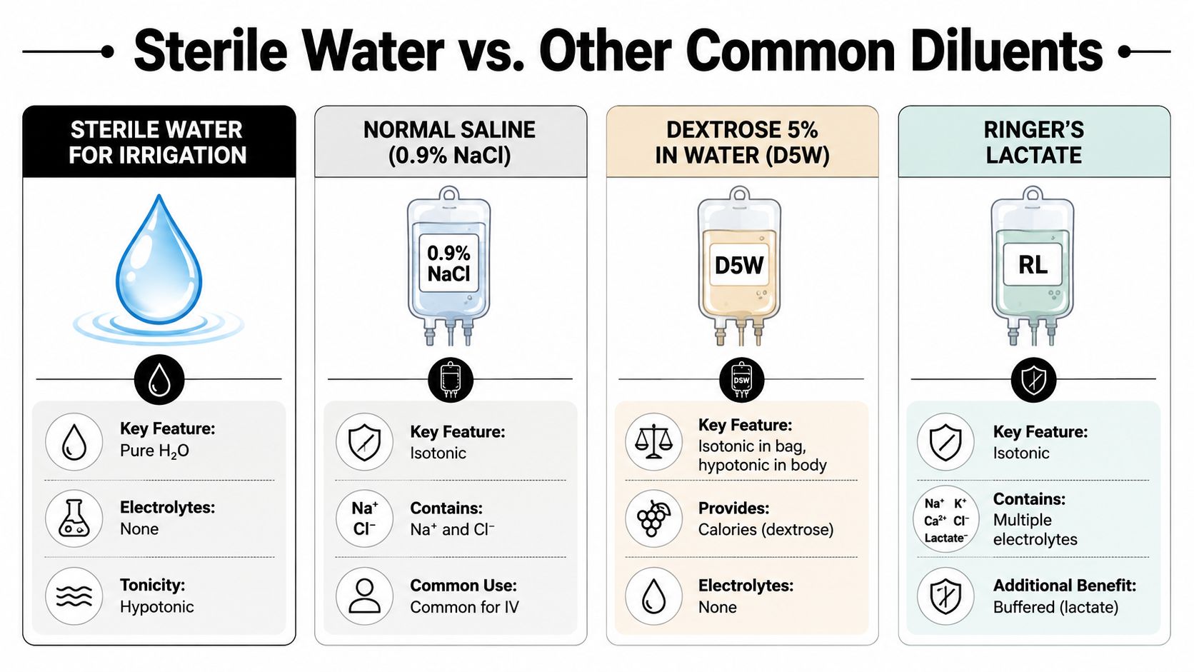 A comparison chart outlining the key features and differences between sterile water, normal saline, dextrose, and Ringer's lactate.