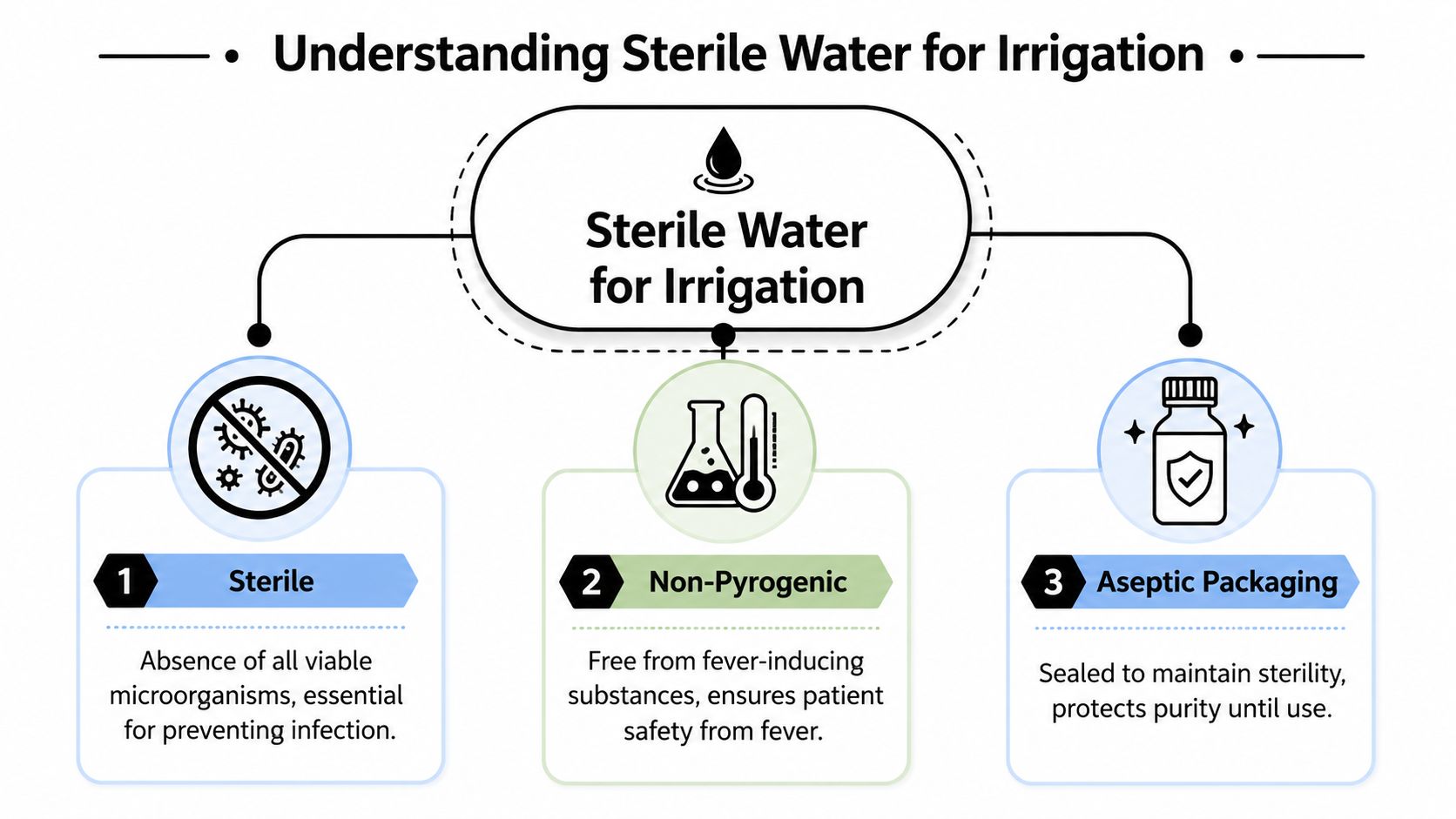An infographic detailing the three key requirements for sterile water for irrigation: sterile, non-pyrogenic, and aseptic packaging.