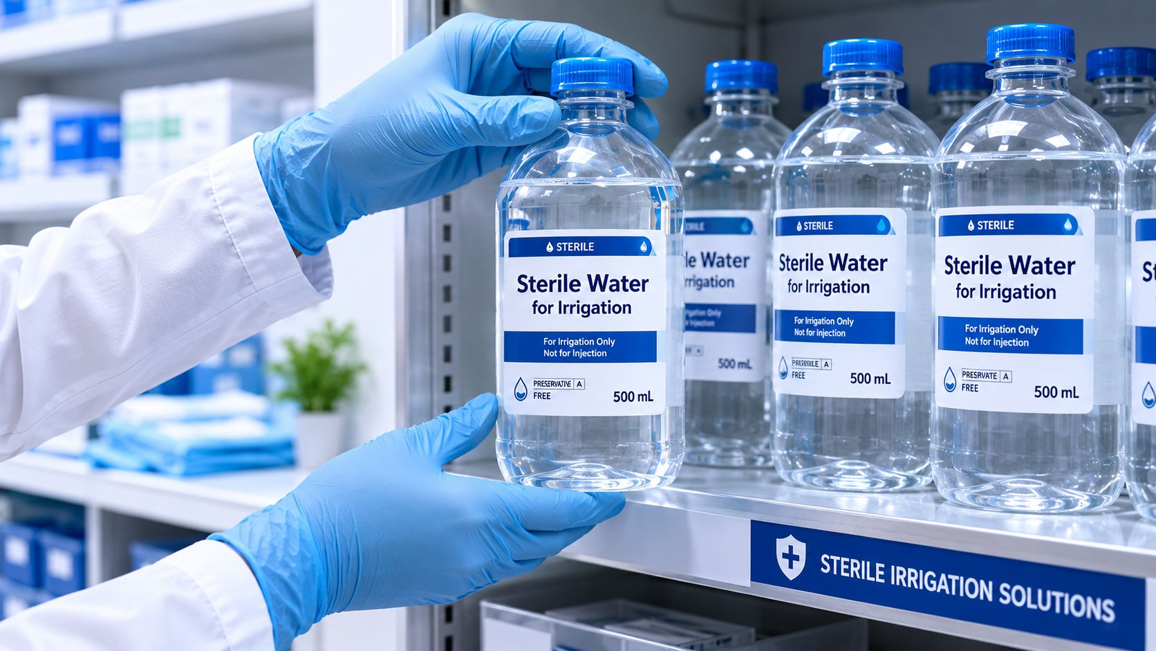A healthcare professional in blue medical gloves selecting a bottle of sterile water for irrigation from a shelf.