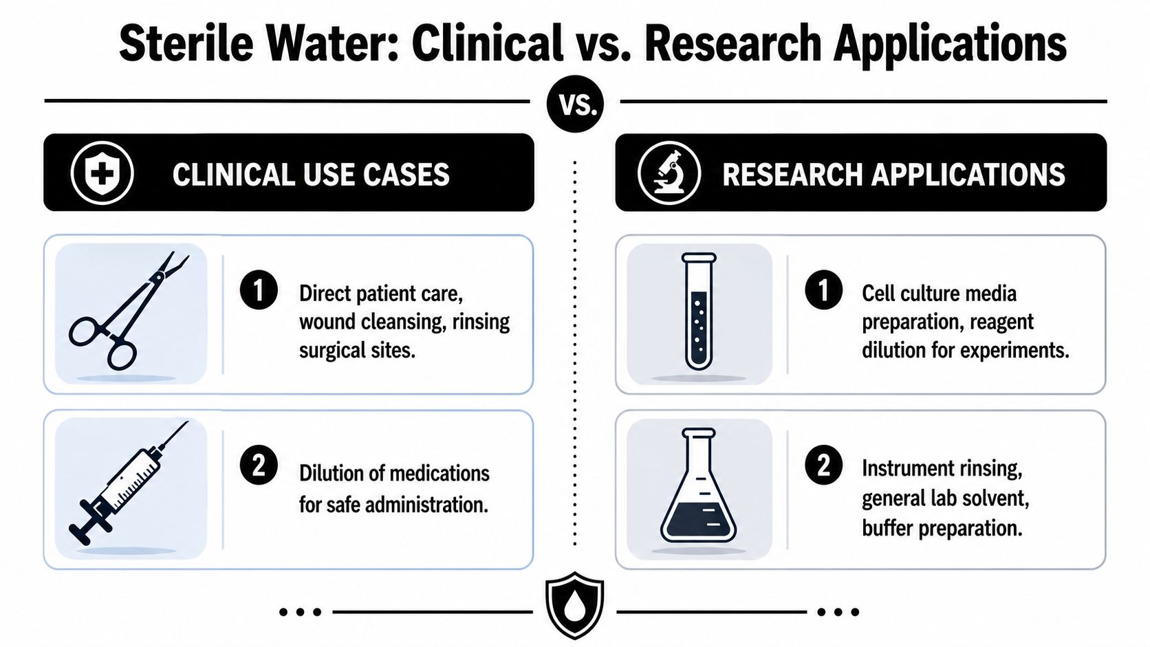 A comparison chart outlining the clinical and research applications of sterile water in medical and lab settings.