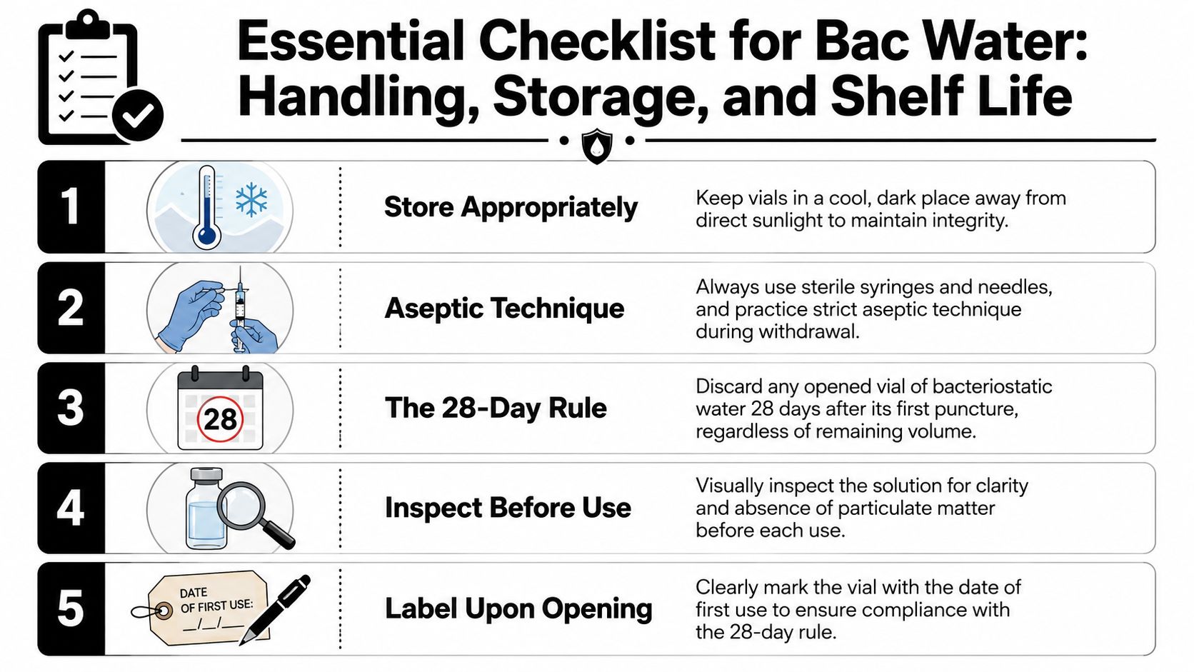 An infographic showing a five-point checklist for handling, storing, and maintaining the shelf life of bacteriostatic water.