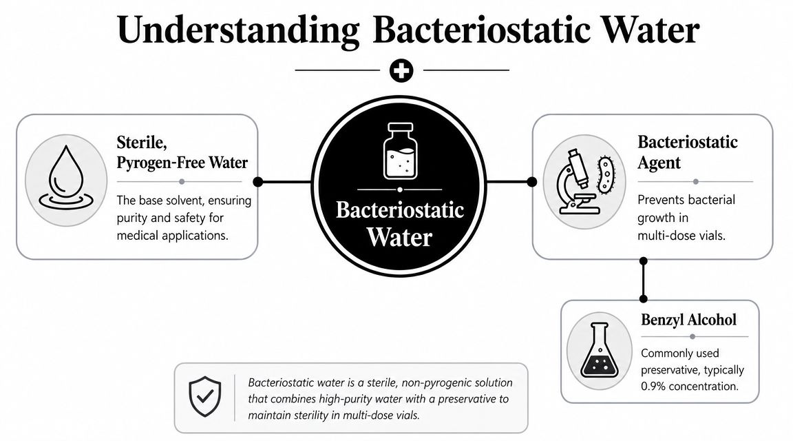 An infographic explaining that bacteriostatic water is sterile, pyrogen-free water mixed with benzyl alcohol for multi-dose vials.