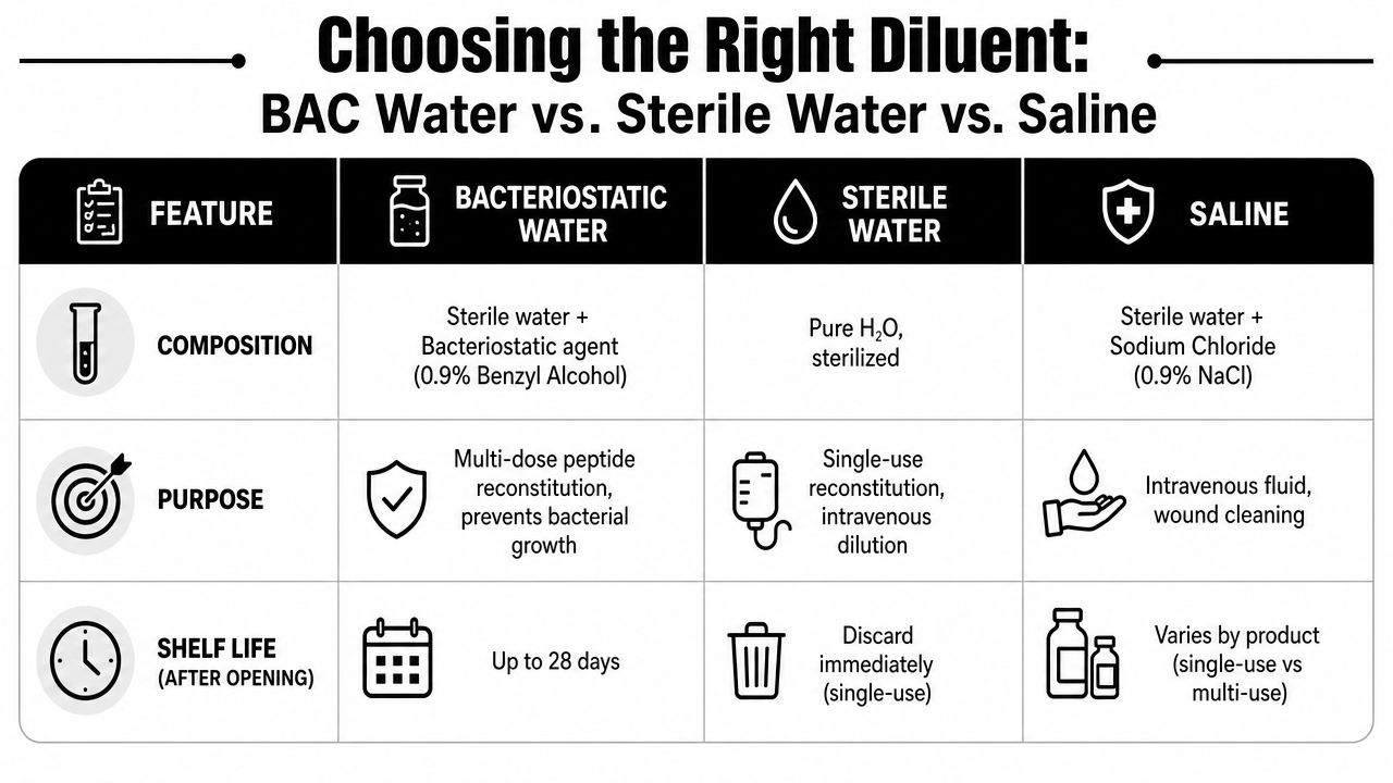 A comparison chart outlining the composition, purpose, and shelf life of Bacteriostatic Water, Sterile Water, and Saline.