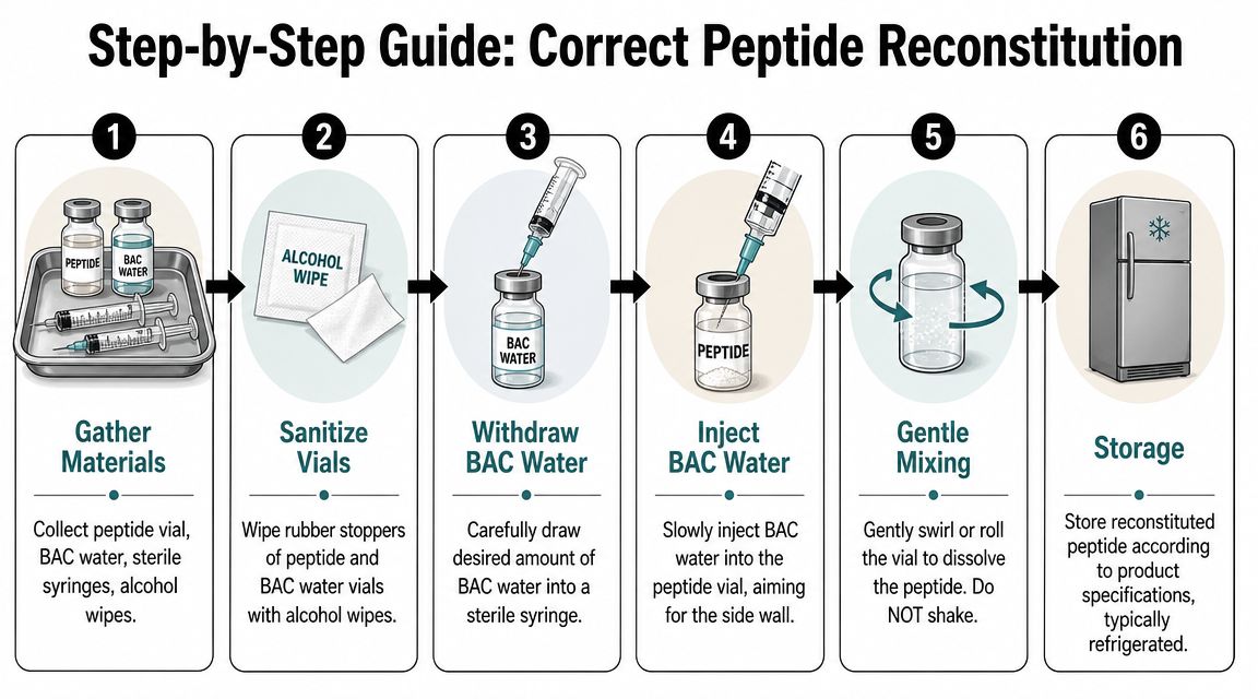 A six-step infographic illustrating the proper procedure for reconstituting peptide vials using bacteriostatic water and sterile syringes.