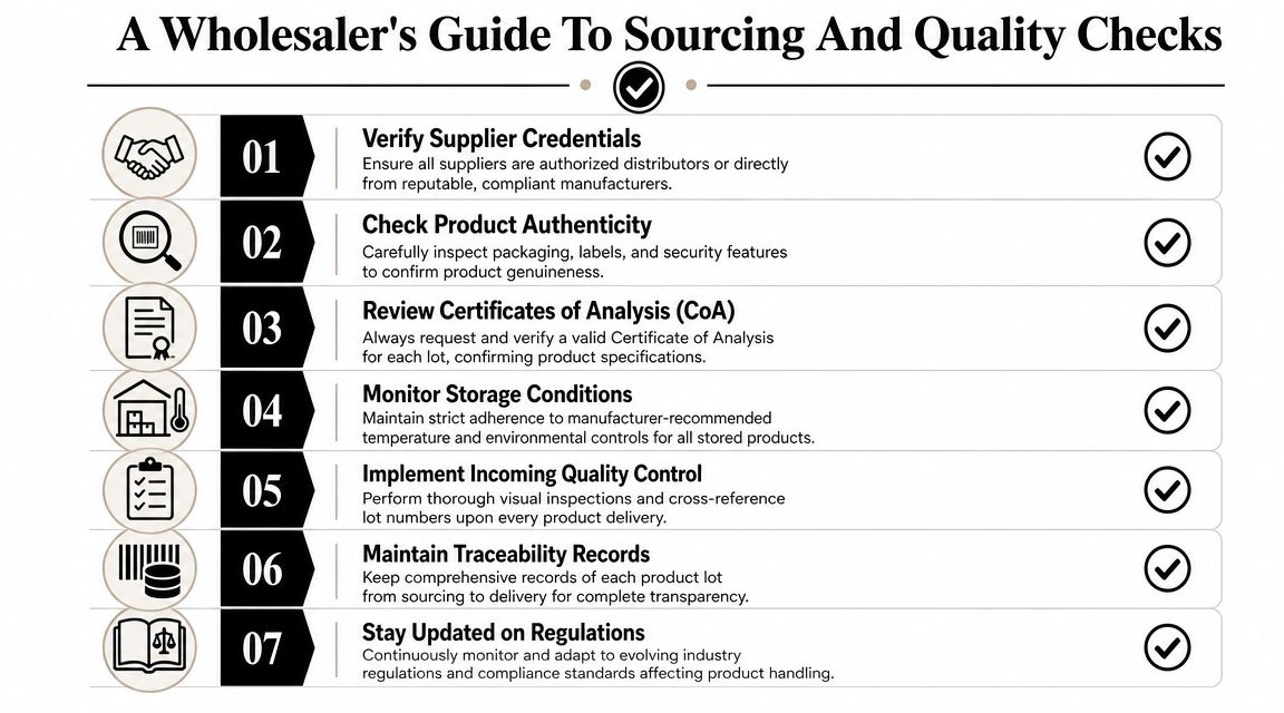 An infographic titled A Wholesaler's Guide To Sourcing And Quality Checks outlining seven essential steps for supply chain management.