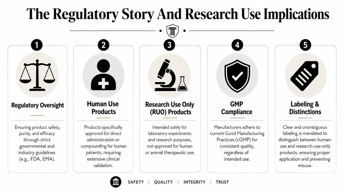 A five-step infographic illustrating regulatory oversight and the distinctions between research and human-use medical products.