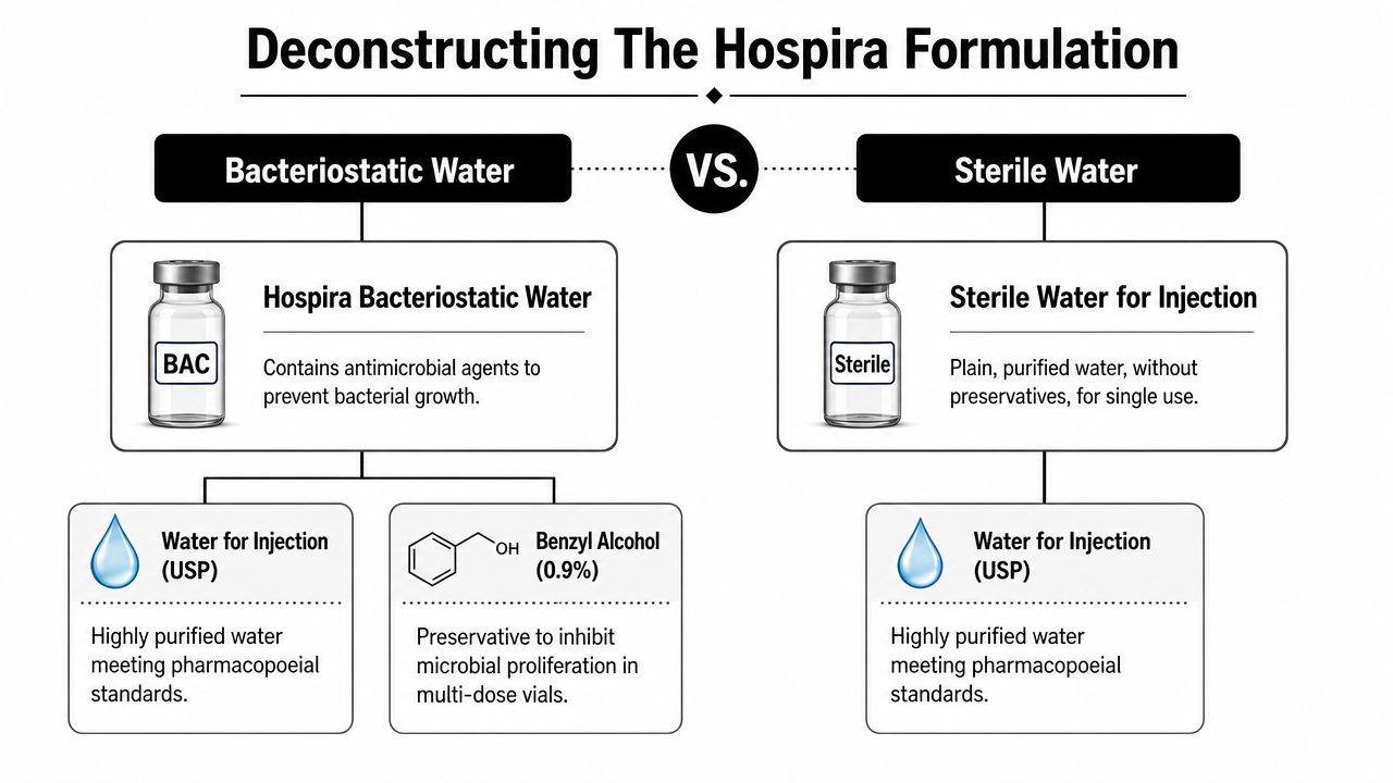 A comparison chart showing the differences between Hospira bacteriostatic water and sterile water for injection.