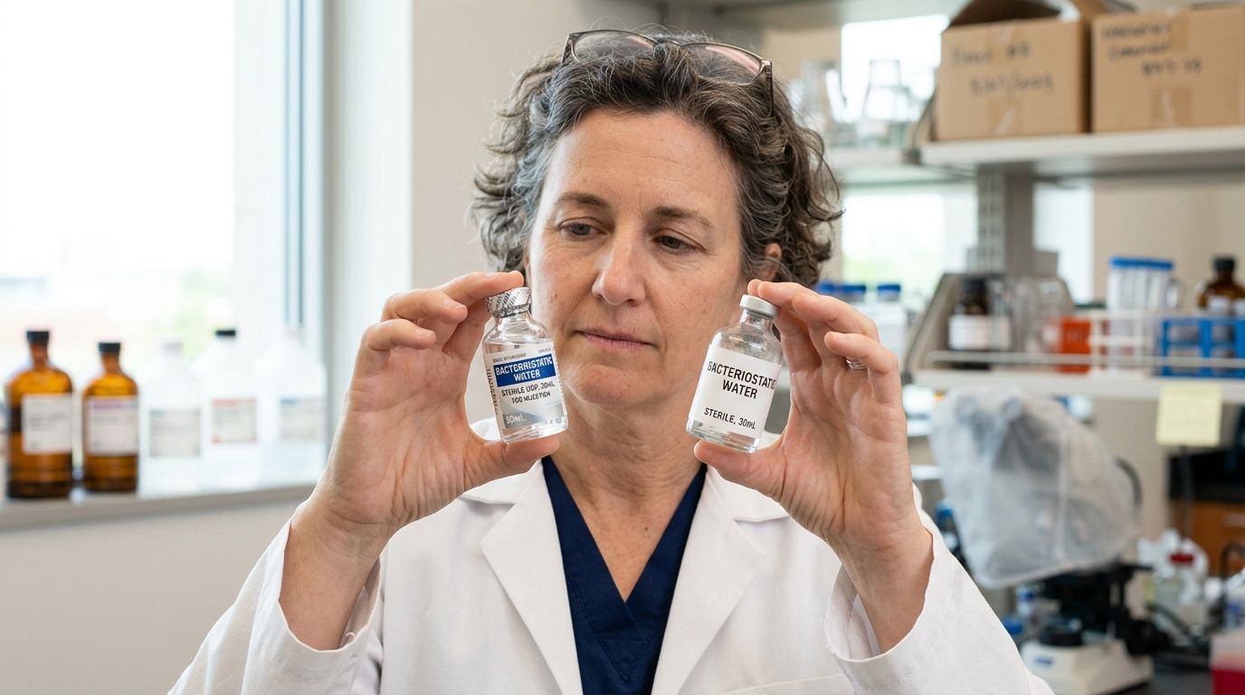 A female scientist in a lab coat holding two bottles of bacteriostatic water for inspection.