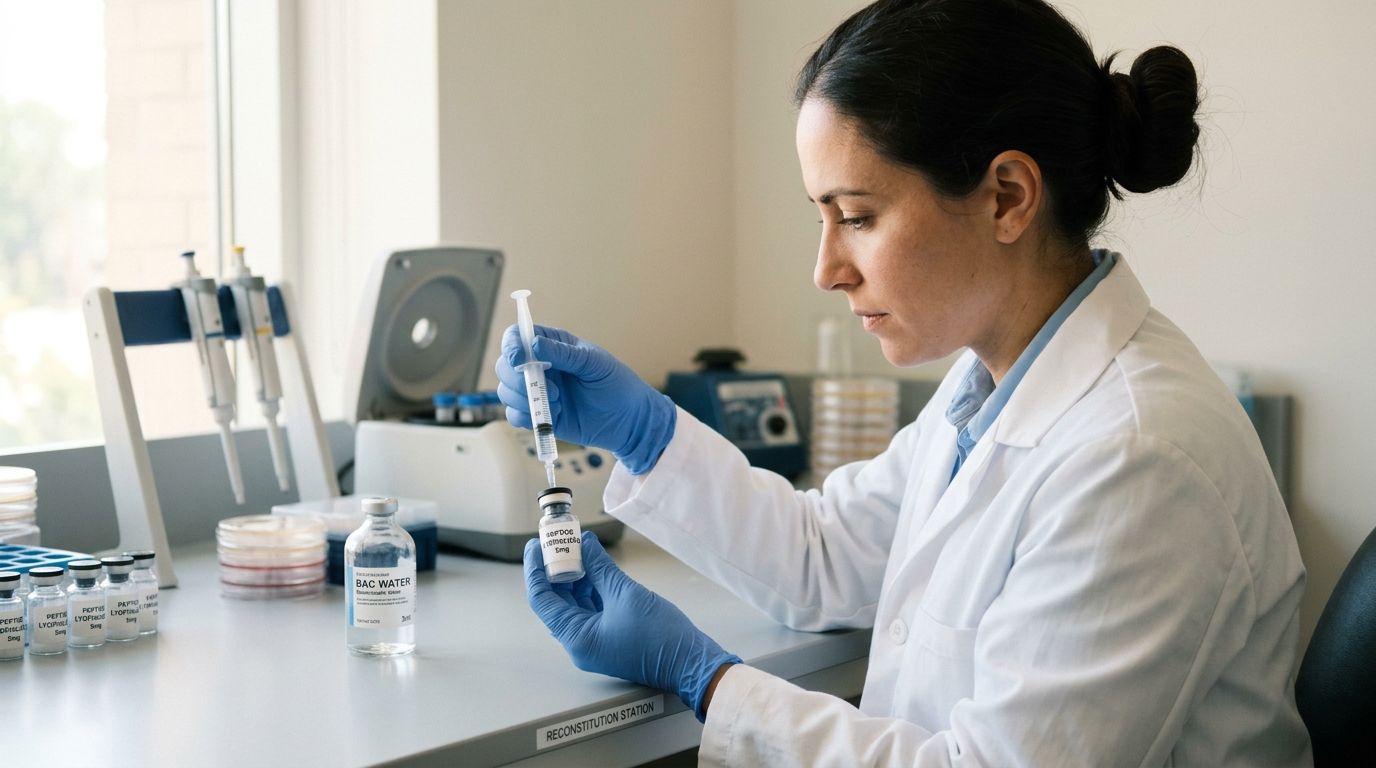 A female scientist in a lab coat preparing a dose from a vial using a syringe.