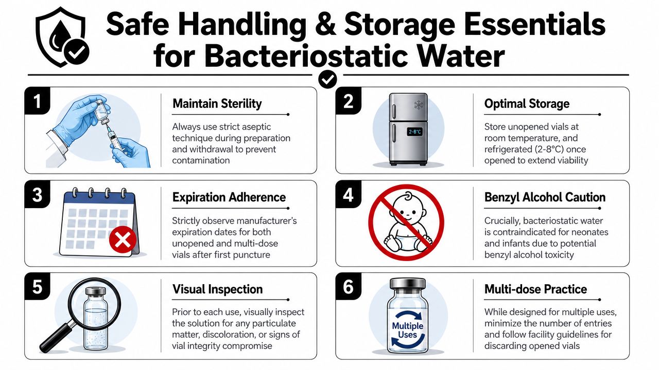 An infographic detailing six essential safety, handling, and storage guidelines for using bacteriostatic injection water vials.