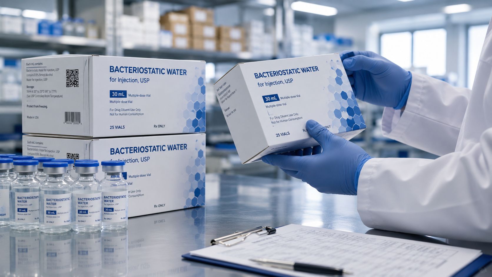 A scientist in a laboratory holding a box of Bacteriostatic Water for Injection USP for medical documentation.