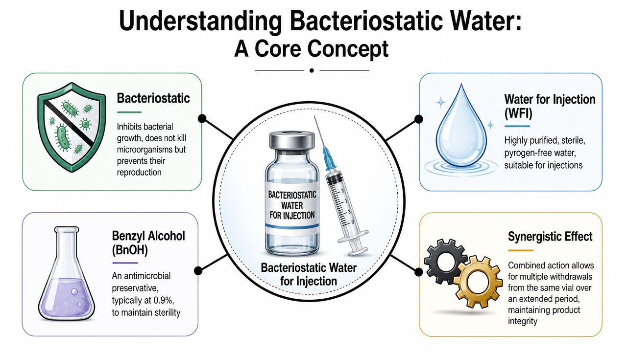 A diagram explaining bacteriostatic water for injection, including its components, purpose, and synergistic preservation properties.