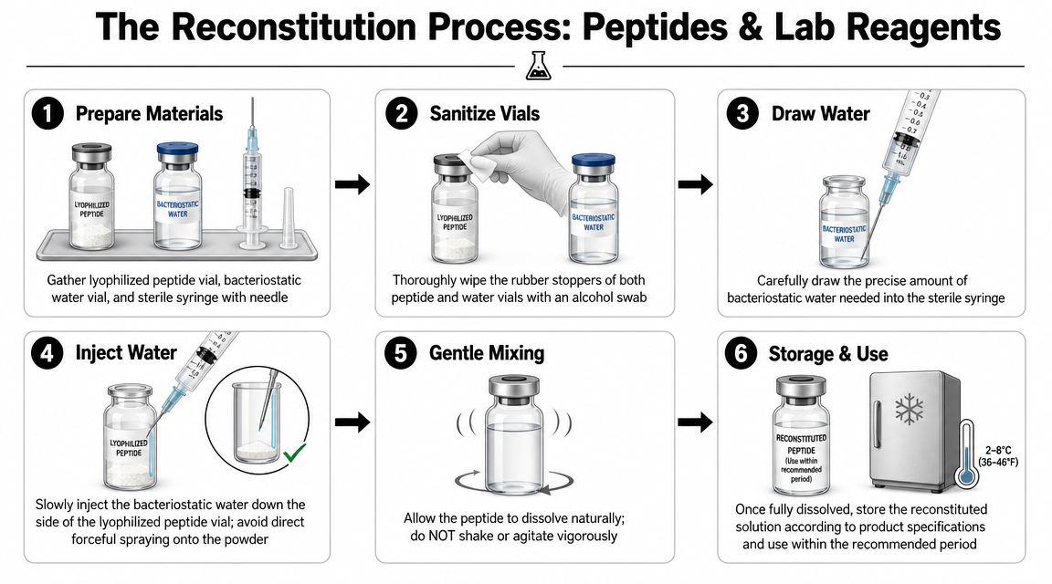 An infographic showing a six-step process for reconstituting lyophilized peptides with bacteriostatic injection water safely.