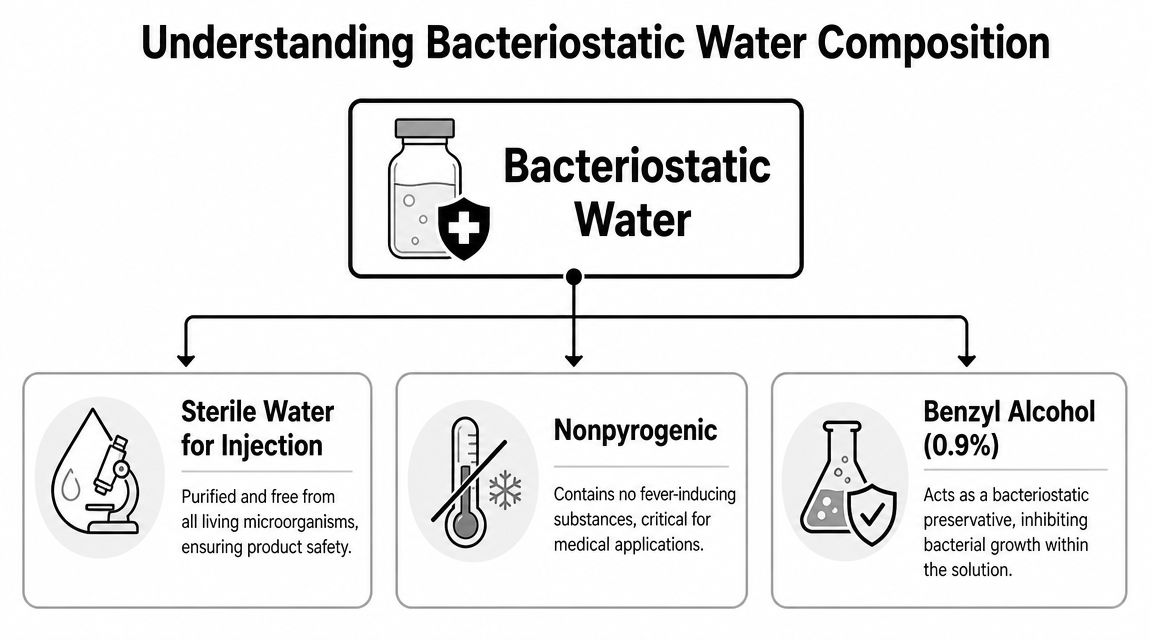 An infographic titled Understanding Bacteriostatic Water Composition illustrating its components: sterile water, nonpyrogenic properties, and benzyl alcohol.