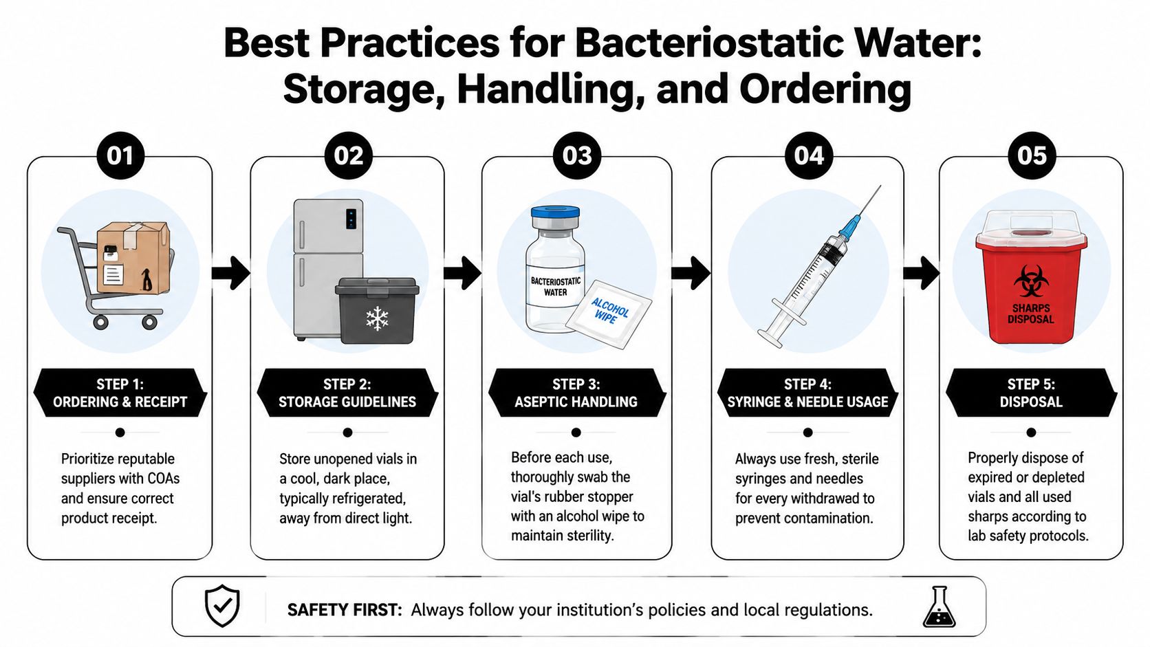 A five-step infographic illustrating the proper ordering, storage, handling, and disposal of bacteriostatic water vials.