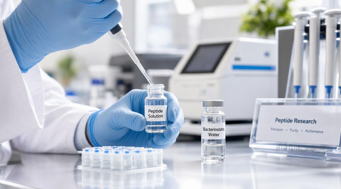 A laboratory scientist wearing blue gloves uses a pipette to prepare a peptide solution with bacteriostatic water.