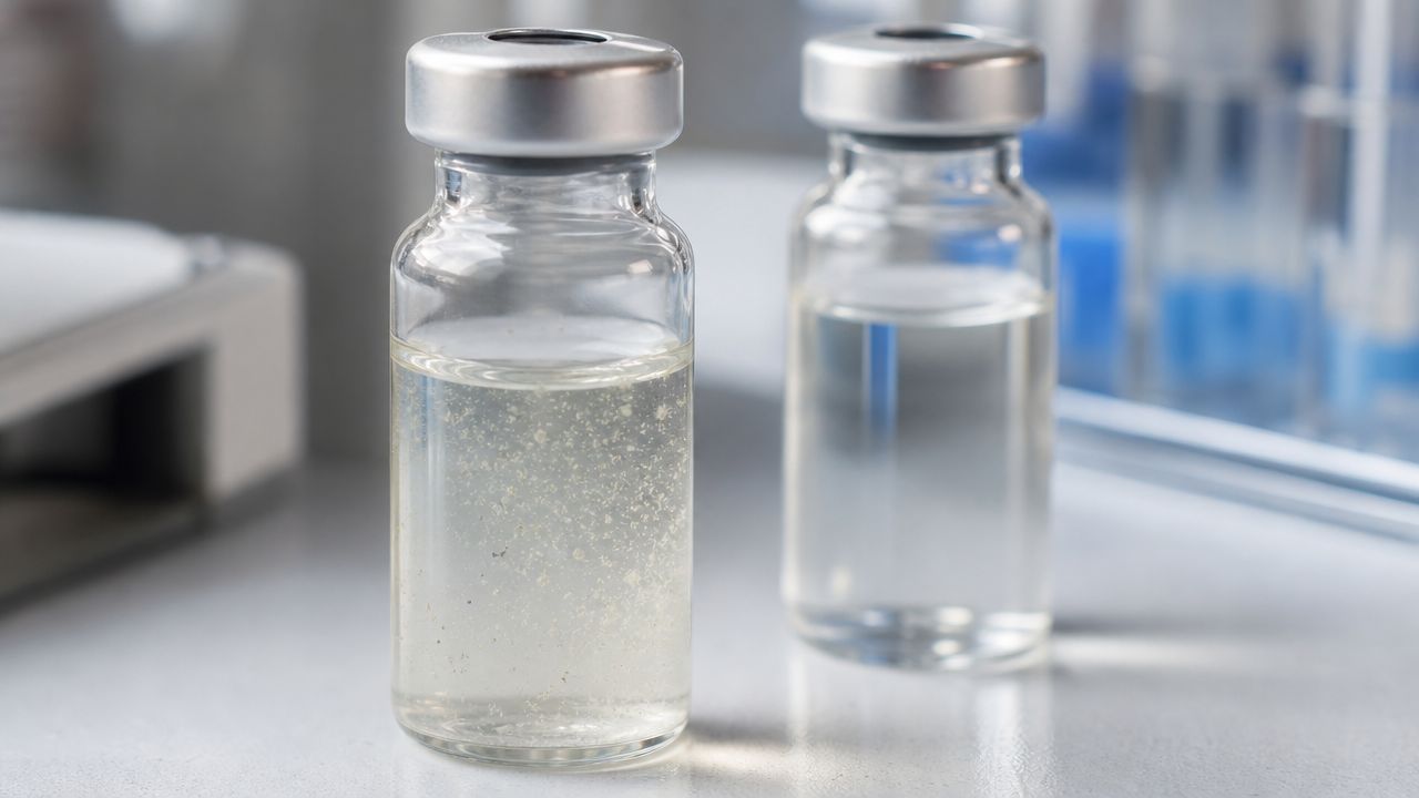 Two clear glass medical vials containing liquid, one with visible particles and one clear solution.