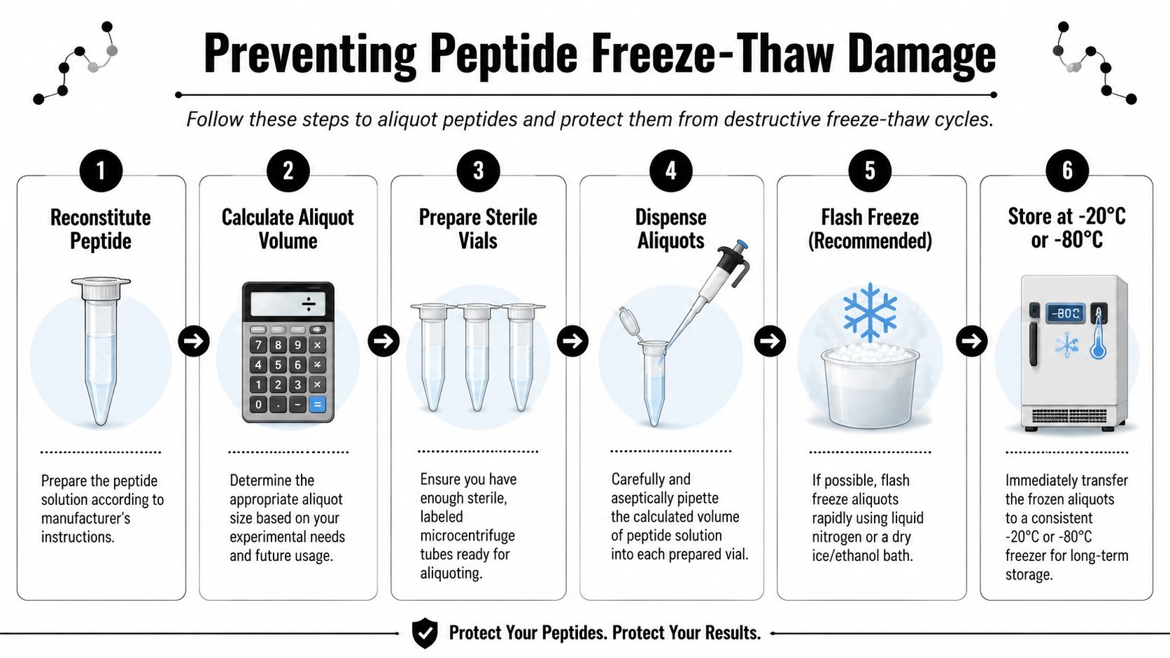 A step-by-step infographic illustrating the professional protocol for reconstituting, aliquoting, and storing peptides to prevent freeze-thaw damage.