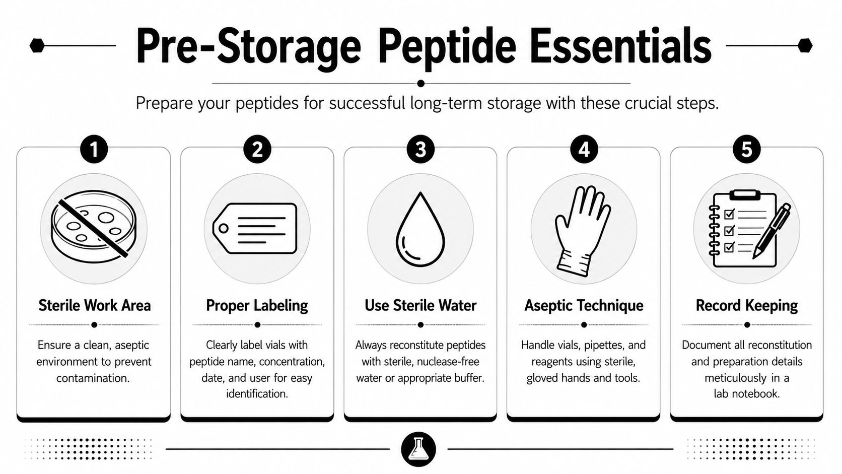 An infographic detailing five essential steps for preparing and storing peptides, including sterilization and proper documentation.