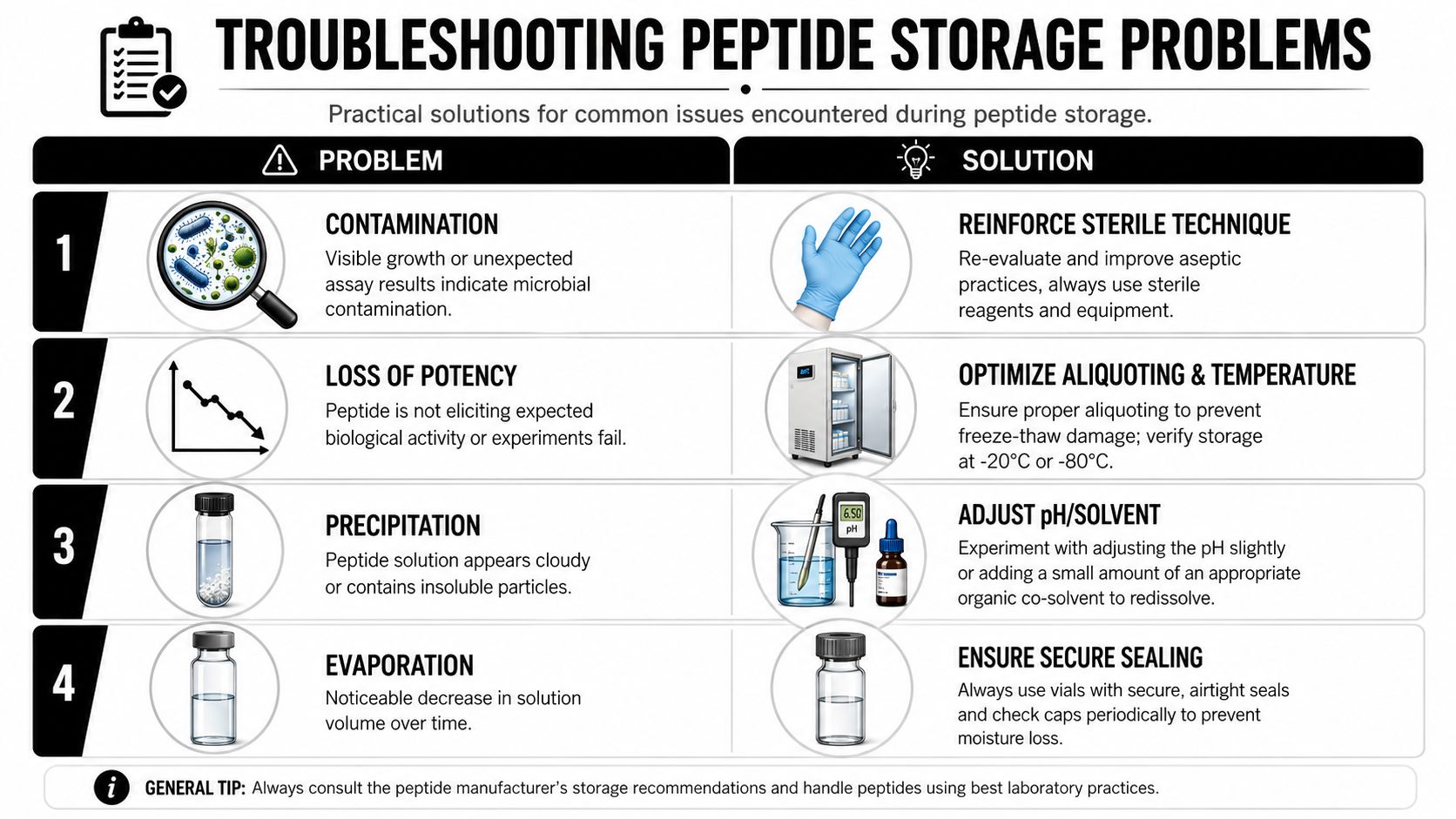 A troubleshooting infographic illustrating common peptide storage problems like contamination, loss of potency, precipitation, and evaporation with solutions.