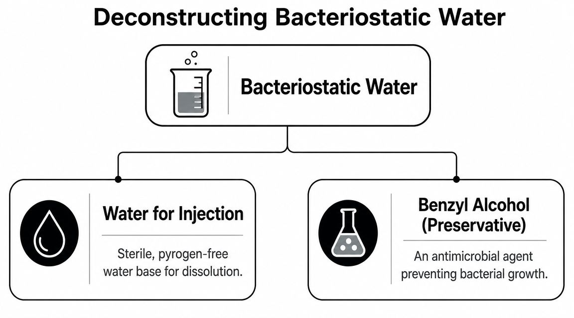 An infographic showing that bacteriostatic water is composed of sterile water for injection and benzyl alcohol.