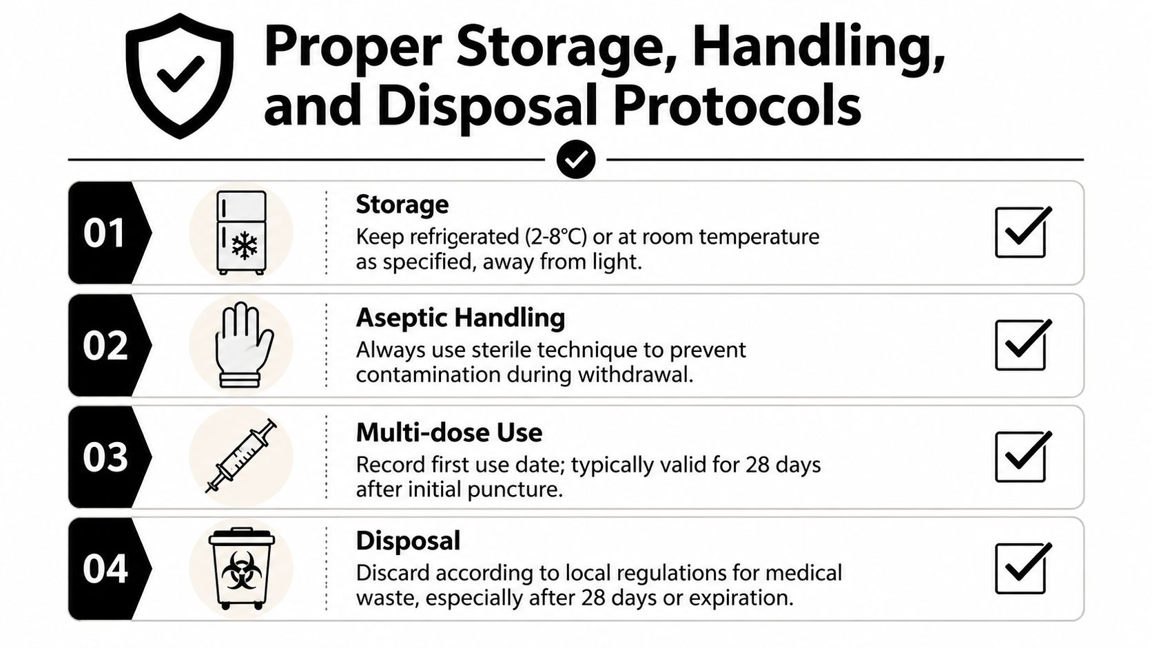 A checklist infographic detailing proper storage, aseptic handling, multi-dose use, and disposal protocols for medical supplies.