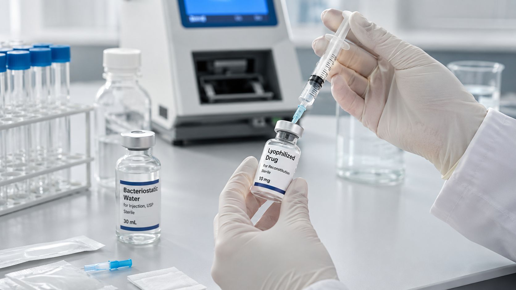 A scientist in white gloves preparing a lyophilized drug vial with a syringe in a laboratory.